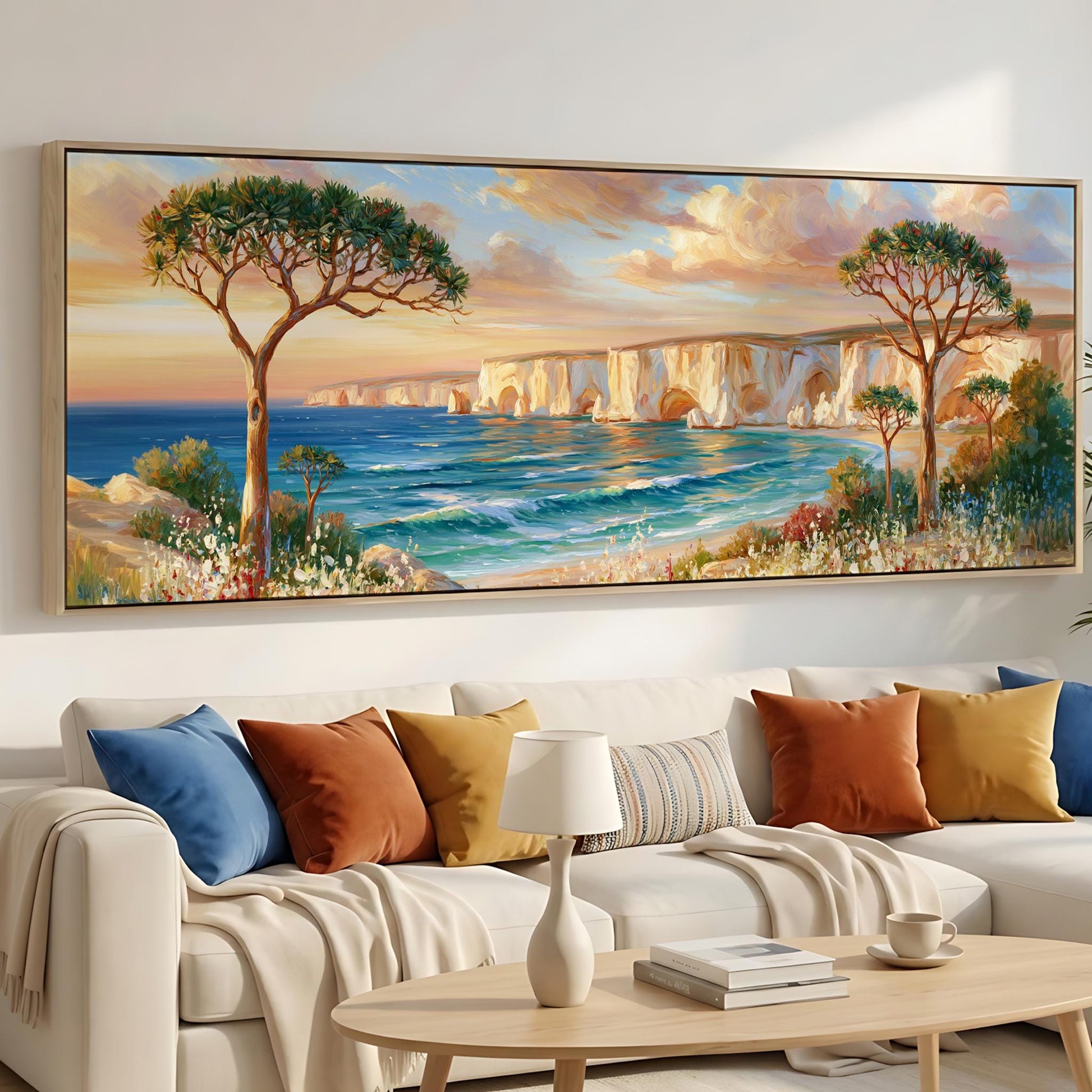 a large painting of a scenic landscape with a beach, cliffs, and trees, hanging on a wall above a white sofa with colorful throw pillows.