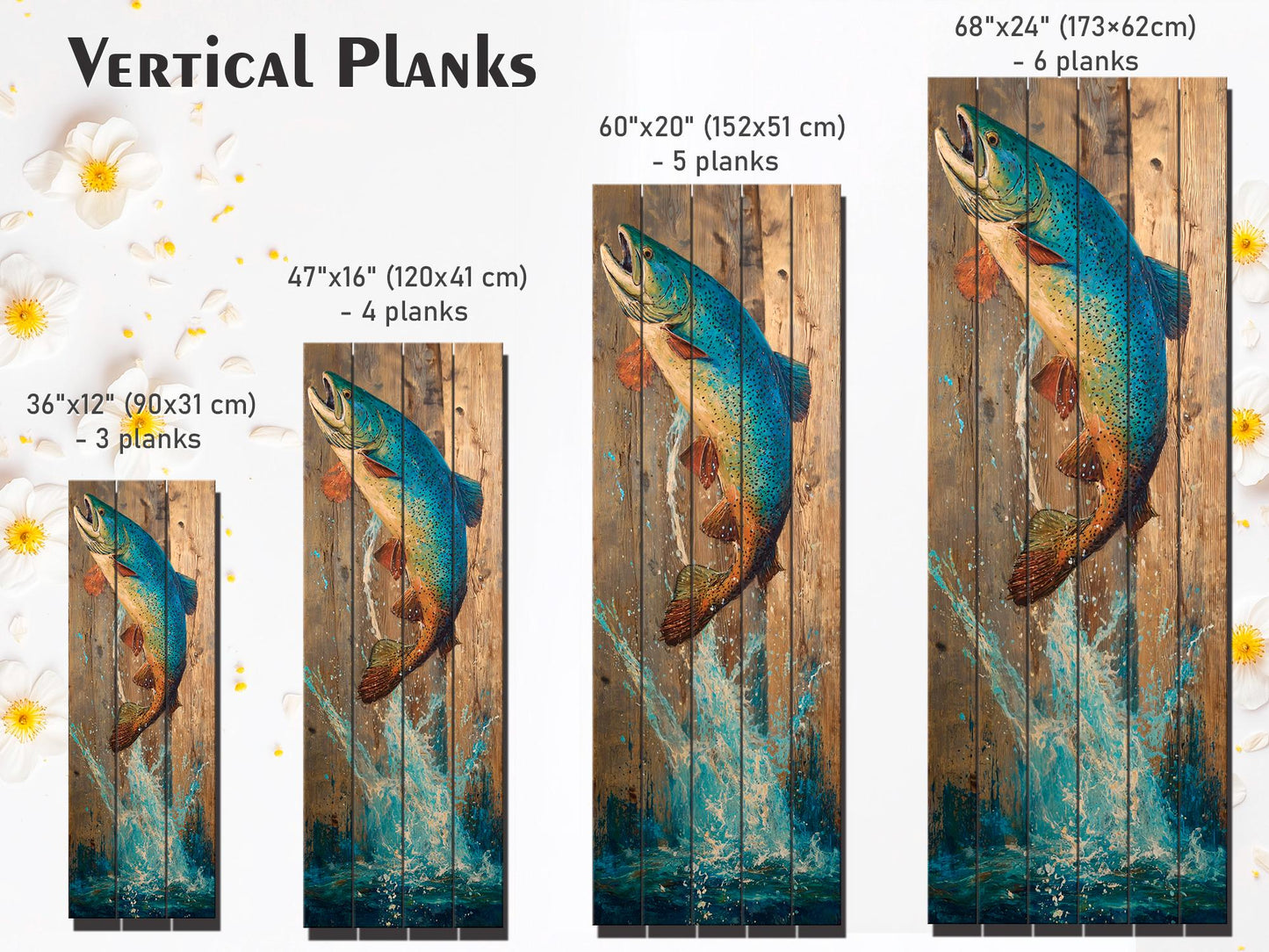 Rustic Wood Wall Art - Trout Painting Print on Wood – Fishing Wall Decor – Leaping Fish Print on Natural Wood