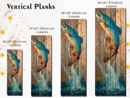 Rustic Wood Wall Art - Trout Painting Print on Wood – Fishing Wall Decor – Leaping Fish Print on Natural Wood