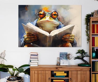 Frog in Glasses Reading Book Abstract Painting Canvas Print, Kids Room Decor, Nursery Wall Art, Framed and Ready to Hang