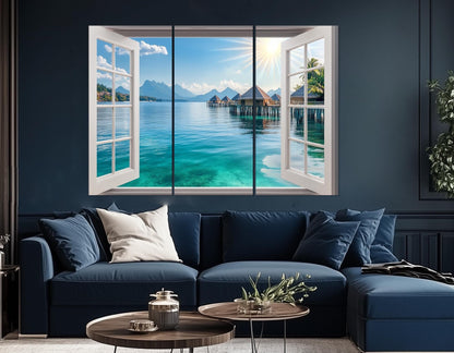 Maldives Canvas Print – Open Window View with Maldives Bungalows | Ready to Hang Framed Art
