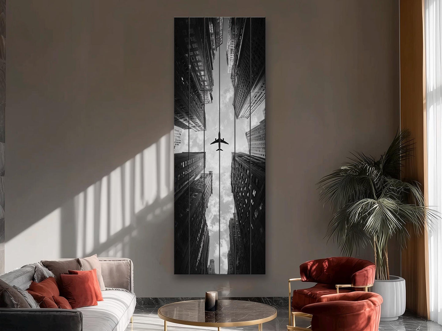 Airplane Print on Wood – Black and White Cityscape Wood Print | Urban Wall Decor