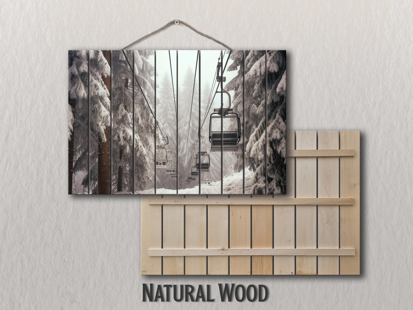 Wood Wall Art – Large Ski Lift Print on Natural Wood Panel | Rustic Winter Decor