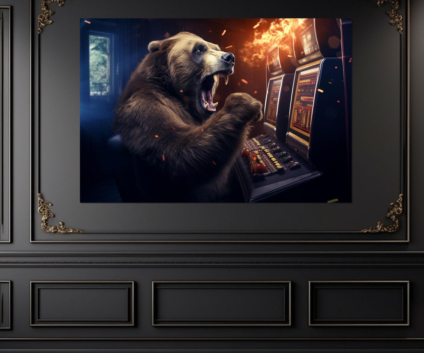 Casino Wall Art – Funny Bear Playing Slot Machines Framed Canvas Print