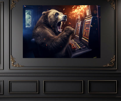 Casino Wall Art – Funny Bear Playing Slot Machines Framed Canvas Print