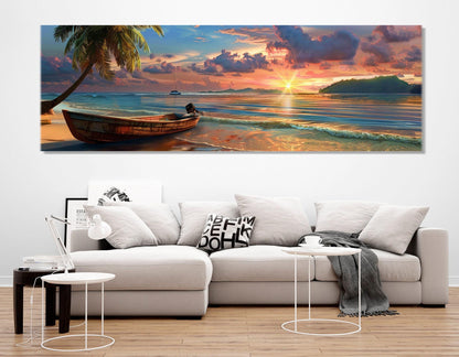 Beach Sunset Canvas Print – Vintage Boat Wall Art | Framed Canvas Art, Ready to Hang