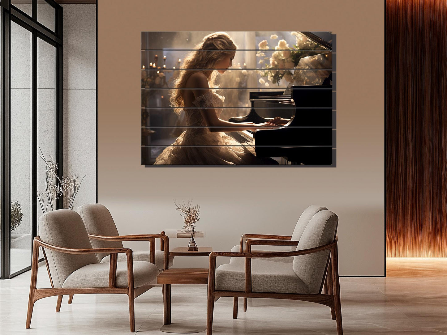 Rustic Piano Wall Art - Wooden Piano Print of Pianist Girl, Framed & Ready to Hang