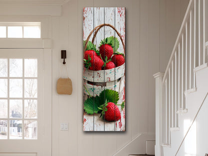 Rustic Wood Wall Art – Strawberry Basket Print | Farmhouse Wall Decor & Cozy Kitchen Decoration