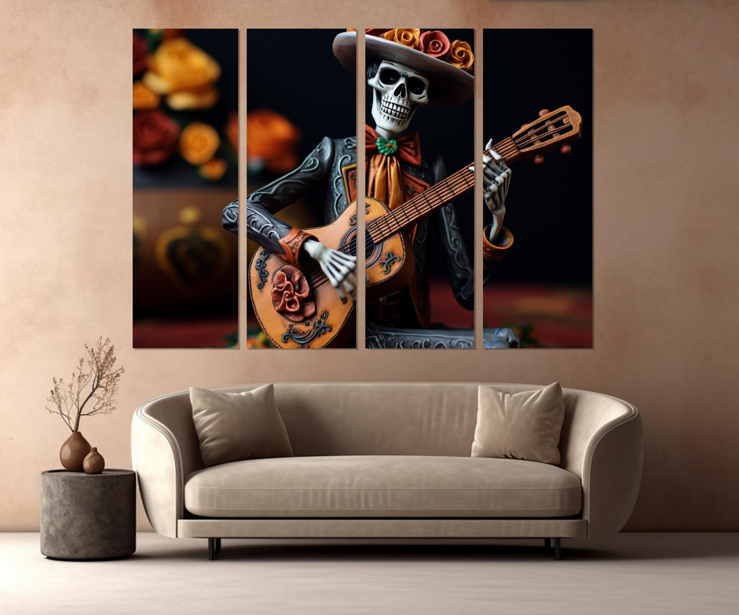 Skeleton Guitar Canvas – Framed Canvas Print | Day of the Dead Wall Art Decor