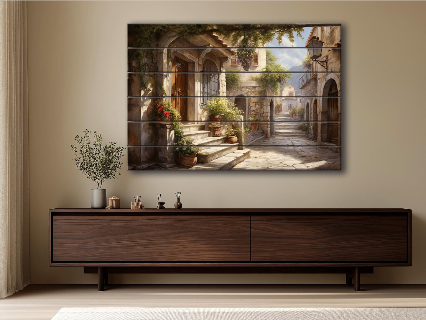 Italian Village Wall Art – Rustic Wood Plank Painting with Vibrant Italy Landscape Print