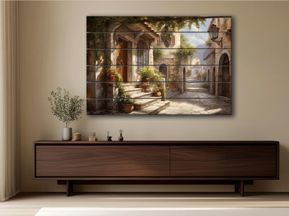 Italian Village Wall Art – Rustic Wood Plank Painting with Vibrant Italy Landscape Print