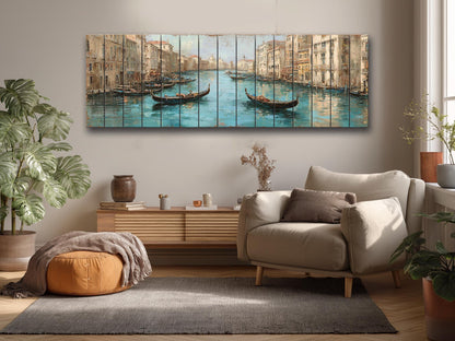 Venice Canal Painting – Turquoise Beige Gondola Art Print on Wooden Wall Decor