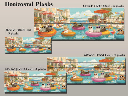Cat Pool Party Print – Funny Summer Wall Art on Rustic Wood Decor
