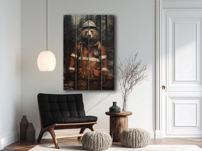 Rustic Fireman Bear Print on Natural Wood – Nursery Animal Wall Art