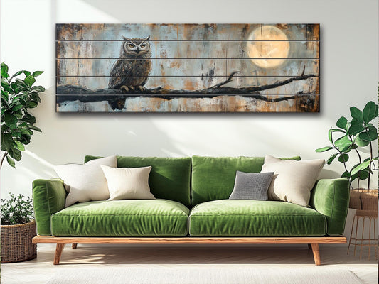 Owl Wall Art - Rustic Wood Plank Decor With Vintage Owl Painting Under Moonlight