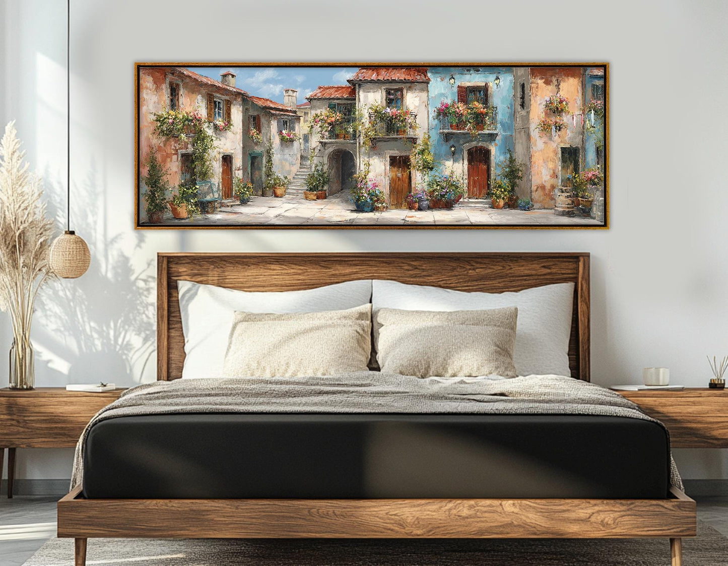 Italian Town Street Canvas – Framed Cotton Print With Flower Balconies Art & Floating Frame