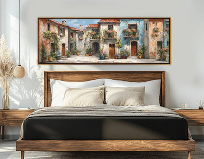 Italian Town Street Canvas – Framed Cotton Print With Flower Balconies Art & Floating Frame