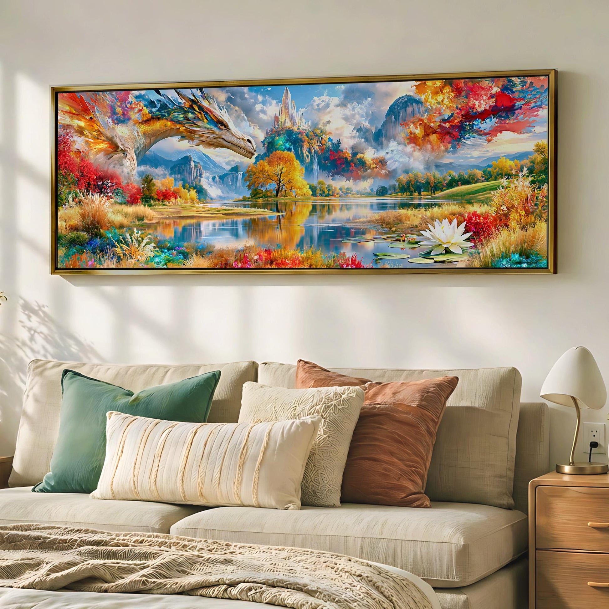a large, colorful painting of a landscape hanging on a wall above a bed with pillows.