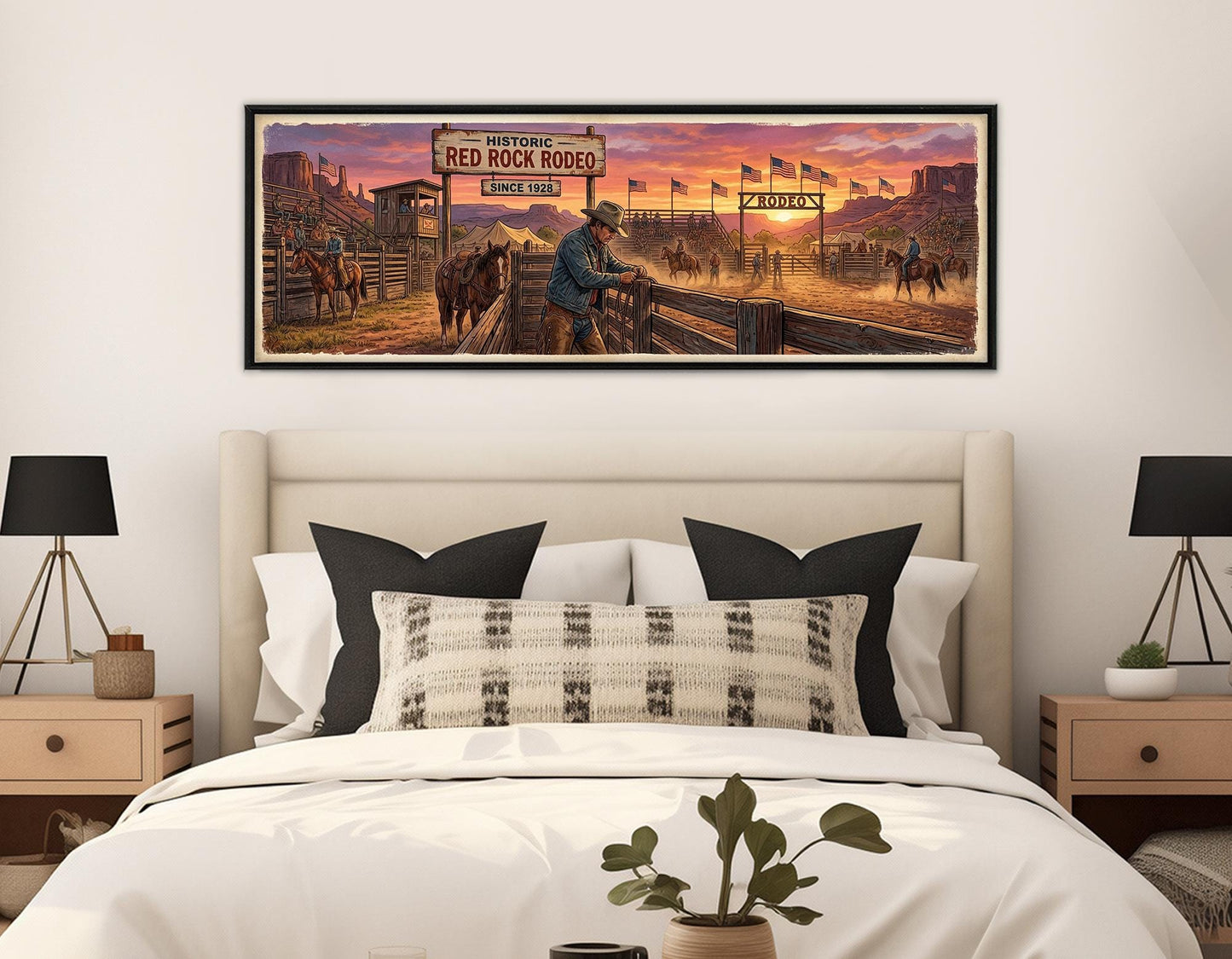 Rodeo Canvas Print, Panoramic Cowboy Arena Painting, Large Western Wall Art, Framed and Ready to Hang