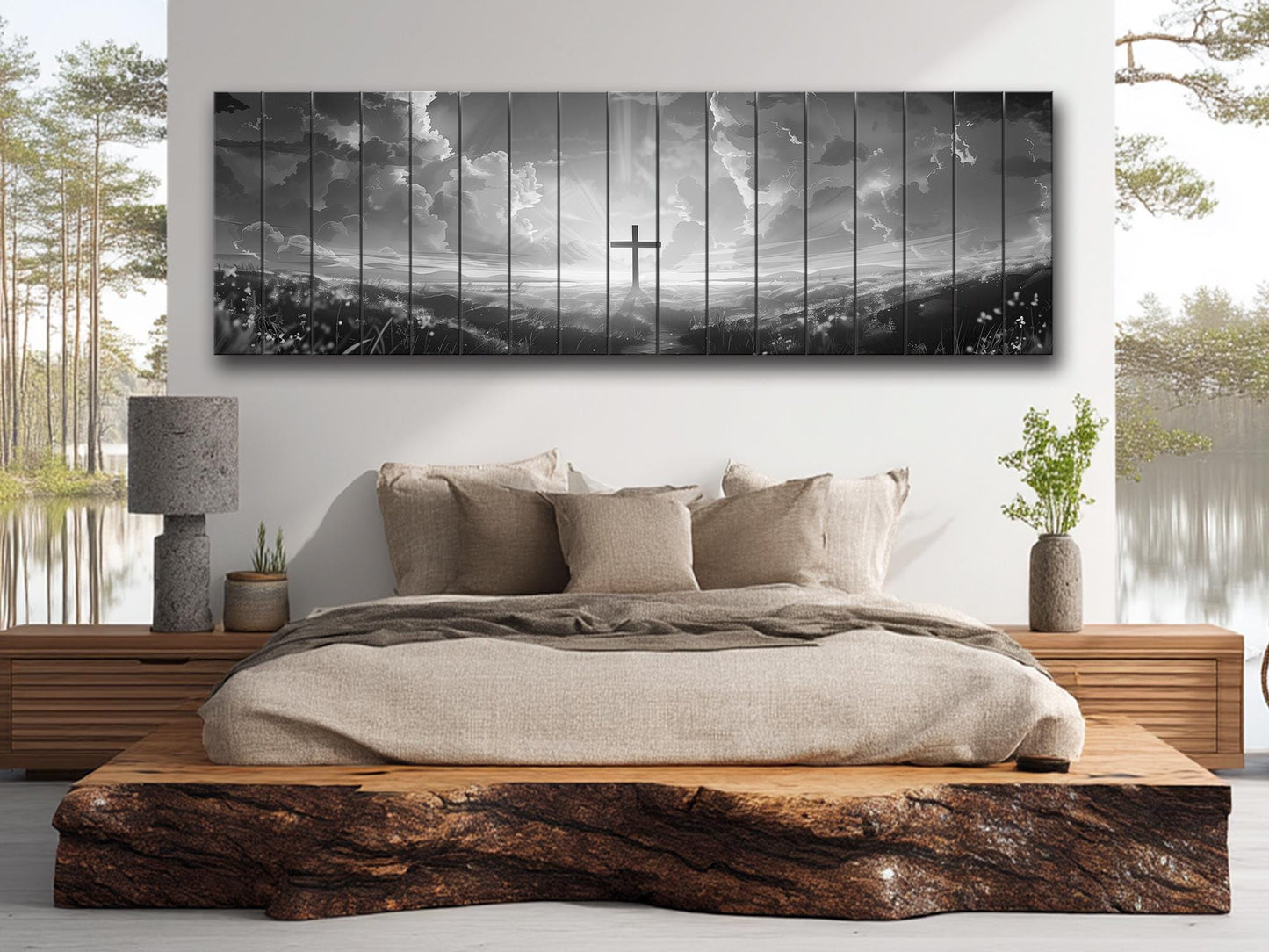 Cross Wall Art – Wood Wall Art Printed on Natural Wood with Black and White Cross in Flowers