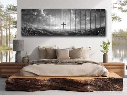 Cross Wall Art – Wood Wall Art Printed on Natural Wood with Black and White Cross in Flowers