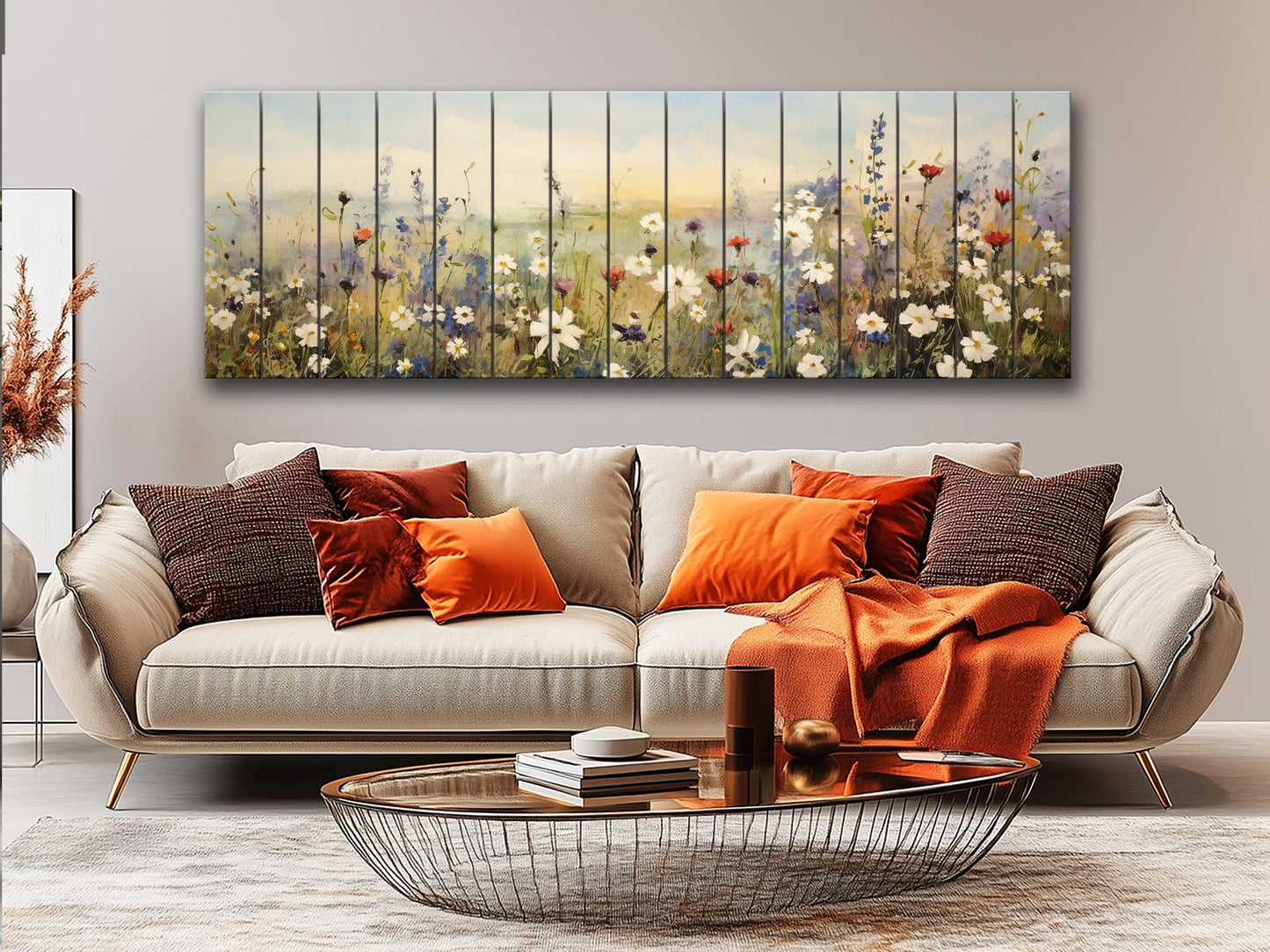 Whimsical Field of Wild Flowers Printed On Natural Wood - Rustic Wall Art