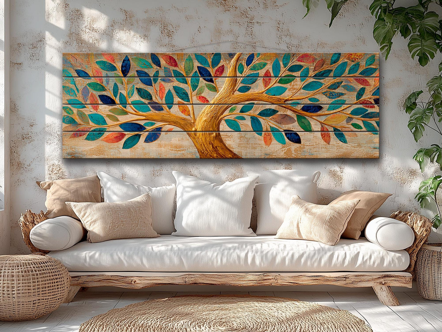 Tree of Life Wall Art - Handcrafted Wood Wall Decor with Colorful Rustic Tree Print