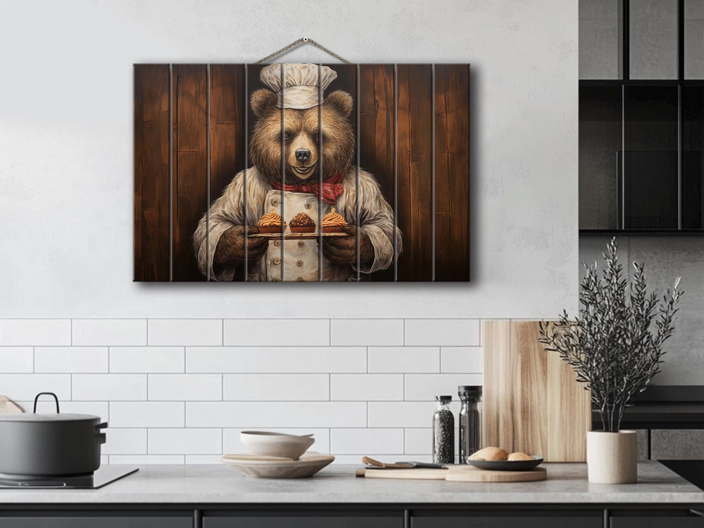 Rustic Bakery Wall Decor – Grizzly Bear Artwork Printed on Natural Wood Panels