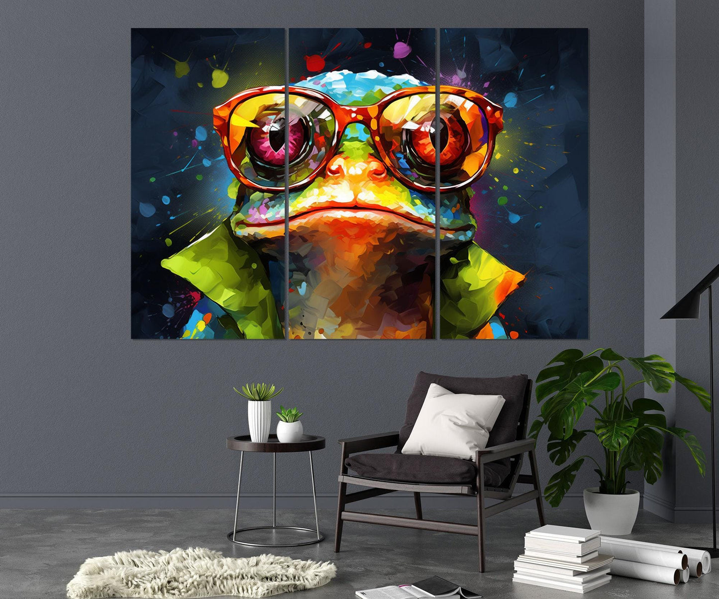 Frog in Glasses Abstract Painting Canvas Print, Teen Room Decor, Nursery Wall Art, Animals Wall Art, Framed and Ready to Hang