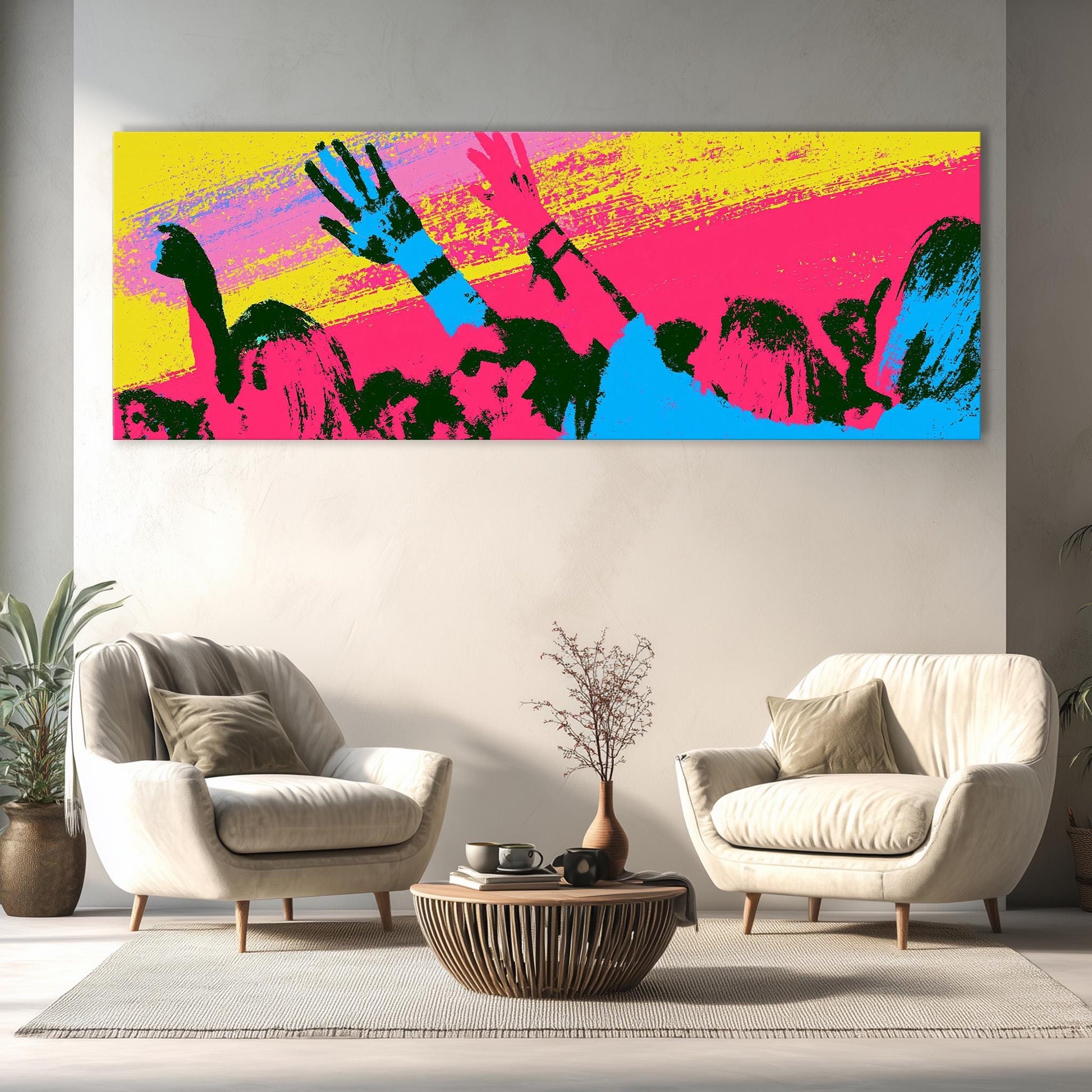 a modern living room with a large, colorful abstract painting hanging on the wall above two white armchairs and a coffee table.