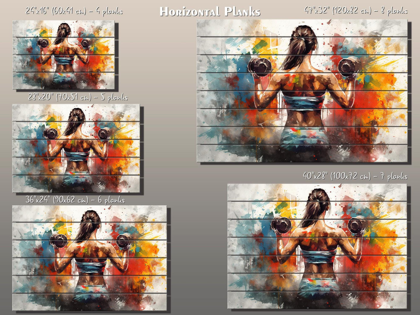 Girl with Dumbbells Painting – Wooden Gym Wall Art | Fitness Motivation Print