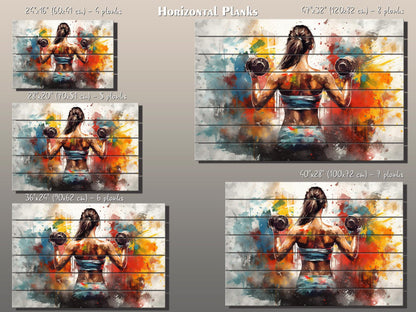 Girl with Dumbbells Painting – Wooden Gym Wall Art | Fitness Motivation Print