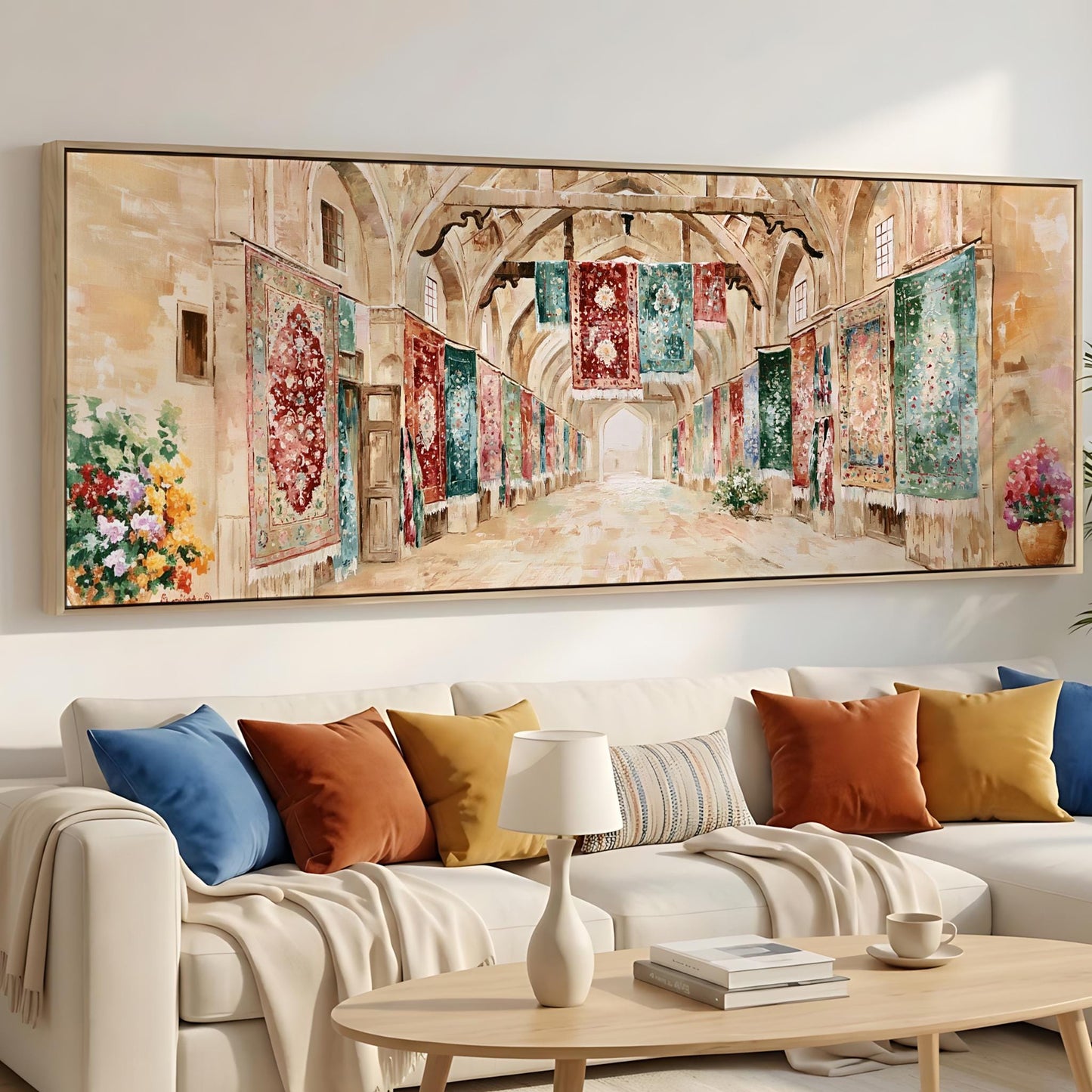a large, colorful painting of a hallway with hanging rugs and flowers, mounted on a wall above a white sofa with throw pillows.