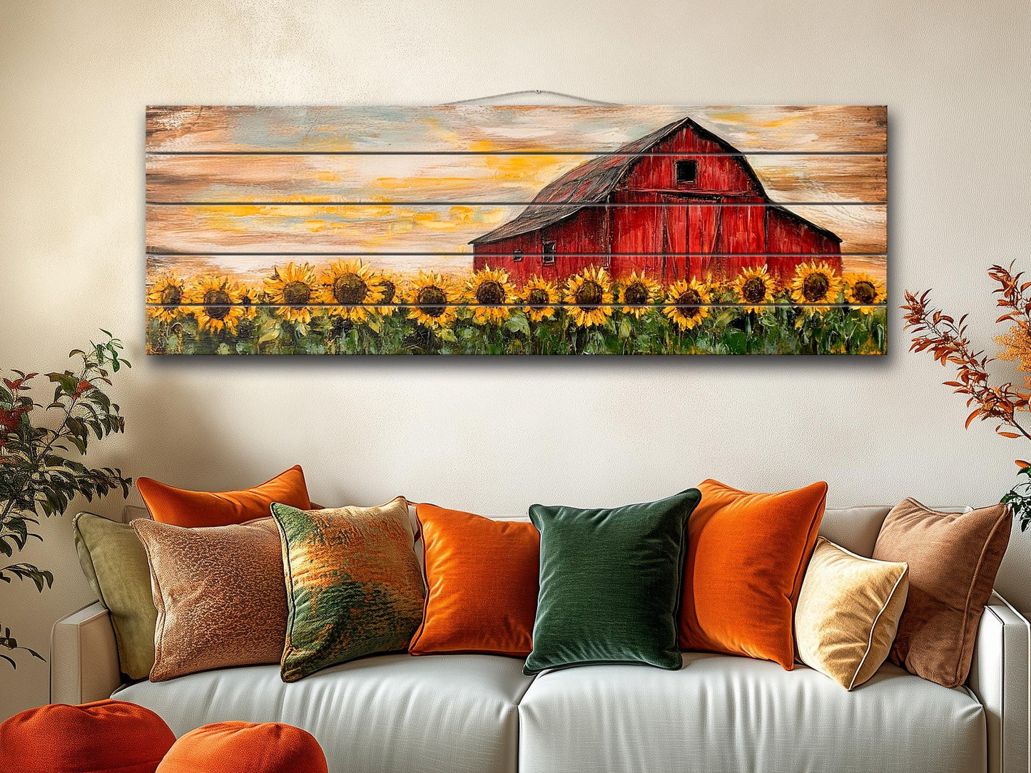 Rustic Wood Print – Sunflowers Field Art with Old Barn on Natural Wood Planks