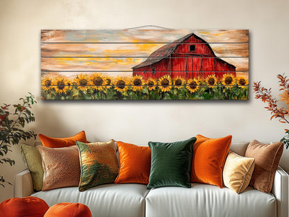 Rustic Wood Print – Sunflowers Field Art with Old Barn on Natural Wood Planks