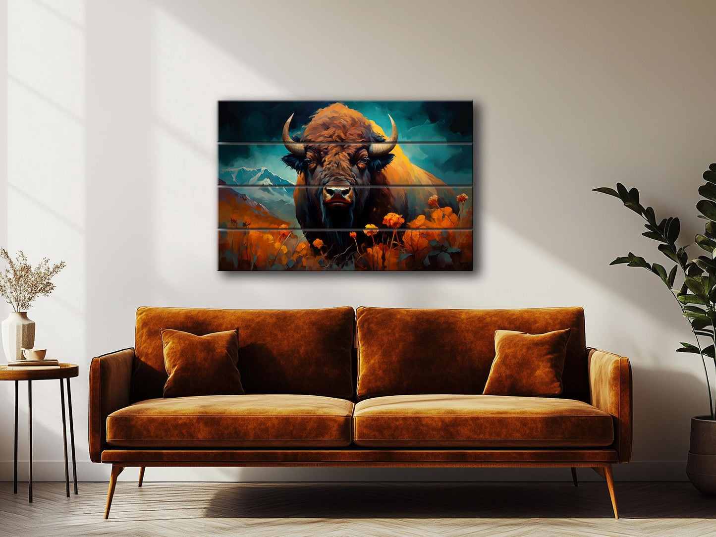 Rustic Wood Wall Art – Bison Abstract Painting on Natural Wood Planks
