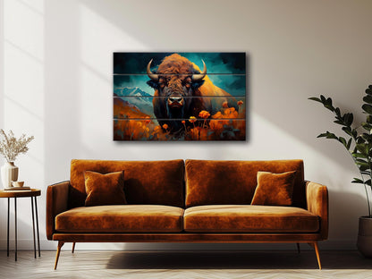 Rustic Wood Wall Art – Bison Abstract Painting on Natural Wood Planks