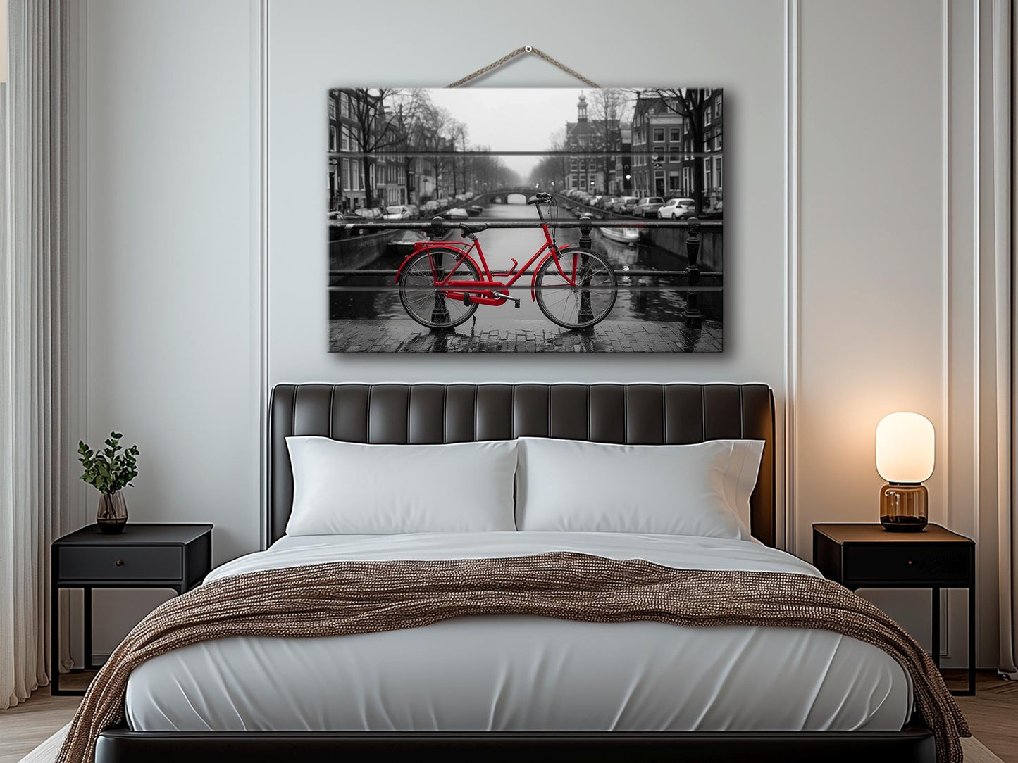 Wood Wall Art - Red Bicycle in Amsterdam Print on Wood, Netherlands Wall Art, Black and White Amsterdam Wood Print, Rustic Amsterdam Art
