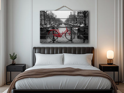 Wood Wall Art - Red Bicycle in Amsterdam Print on Wood, Netherlands Wall Art, Black and White Amsterdam Wood Print, Rustic Amsterdam Art