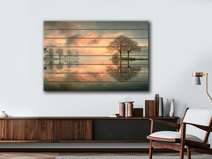 Sunset Lake Print on Wood, Trees Reflection Landscape, Rustic Nature Wall Decor
