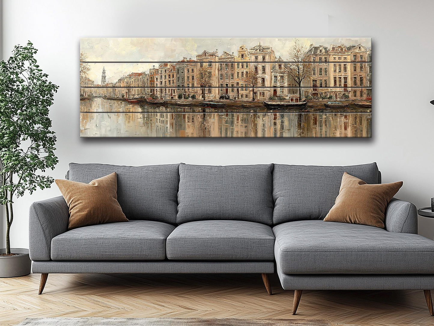 Amsterdam Canal Houses Print – Rustic Wood Wall Art | Beige Panoramic Decor