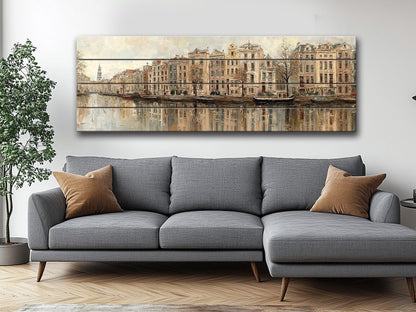 Amsterdam Canal Houses Print – Rustic Wood Wall Art | Beige Panoramic Decor