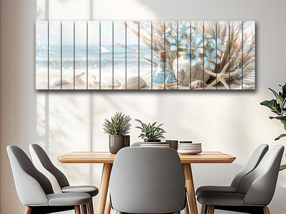 Wooden Wall Art – Coastal Beach Still Life Print on Natural Wood Planks