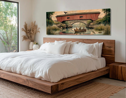 Narrows Bridge Canvas Print, Panoramic Covered Bridge Painting, Large River Wall Art, Framed and Ready to Hang