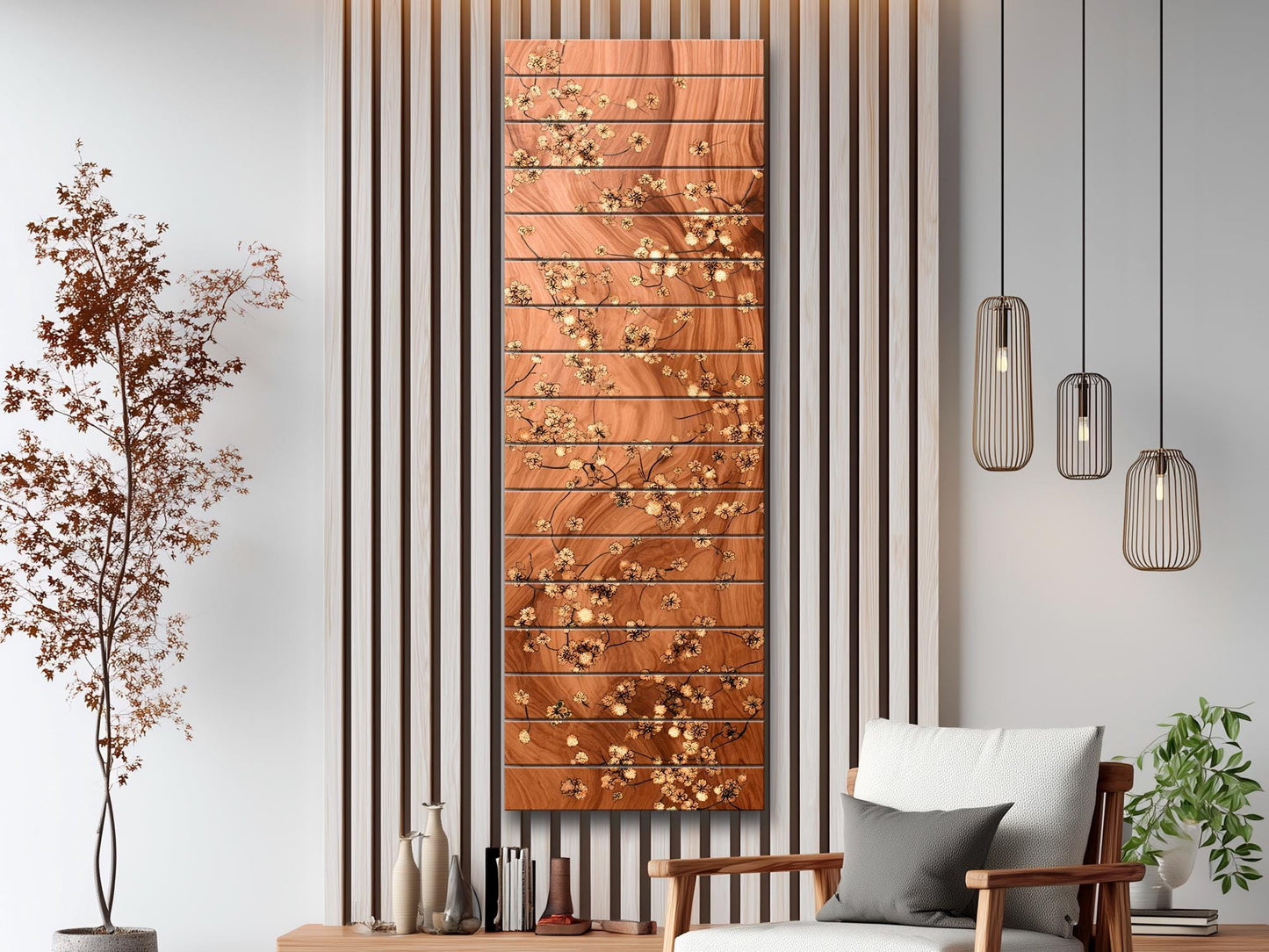 Japanese Blossoms Wall Art – Elegant Brass Inlay Floral Wood Print Decor