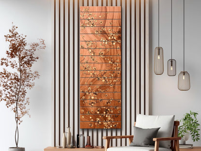 Japanese Blossoms Wall Art – Elegant Brass Inlay Floral Wood Print Decor