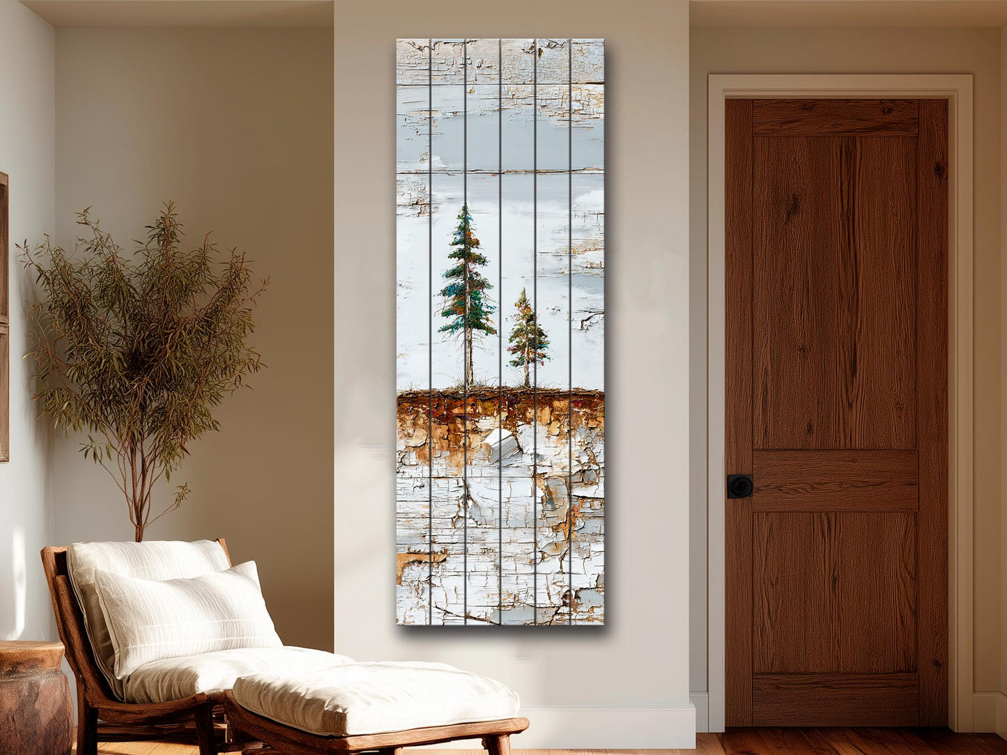 Wabi Sabi Wall Art – Rustic Wood Decor with Pine Tree Painting on Natural Wood Grain