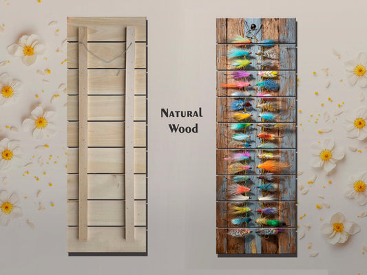 Fly Fishing Lures Wall Art on Wood – Rustic Vertical Decor – Colorful Fly Tackle Print for Cabin or Workshop, Rustic Fishing Lodge Decor