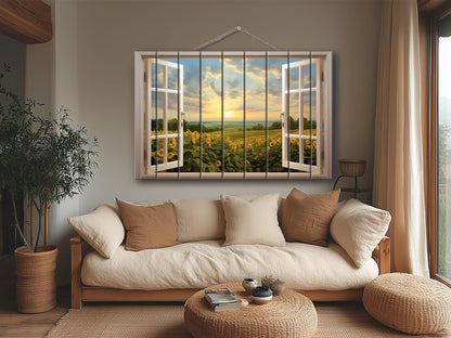 Wood Wall Art | Rustic Floral Wood Print with Sunflower Field Open Window Painting