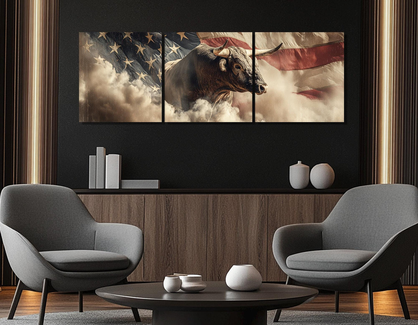 Rodeo Bull on the US Flag Canvas Print, Western Wall Art, Framed and Ready to Hang